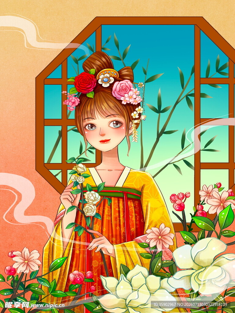 古风汉服女子赏花图