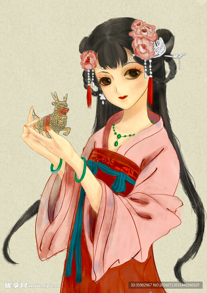 古风汉服少女与灵动小鸟