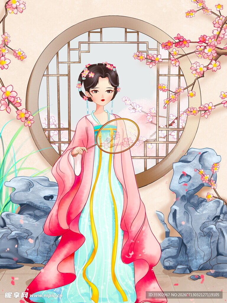 古典美人倚窗赏景