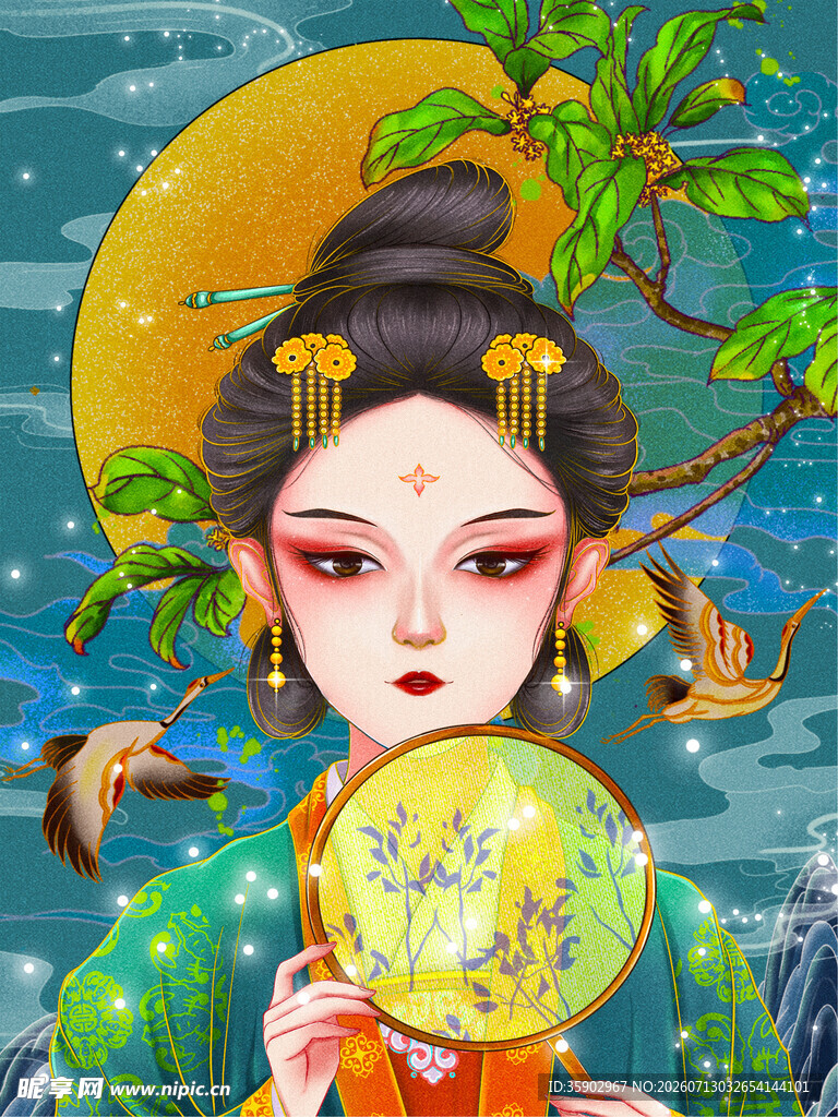 古风仕女持扇赏景