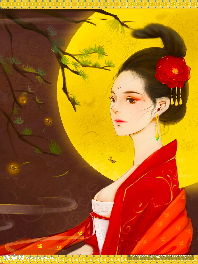 古风红衣女子望月