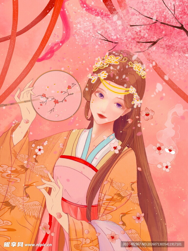 古风汉服女子持扇赏景