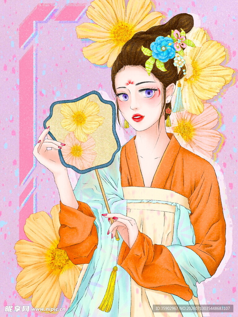 古风美人持扇优雅赏景