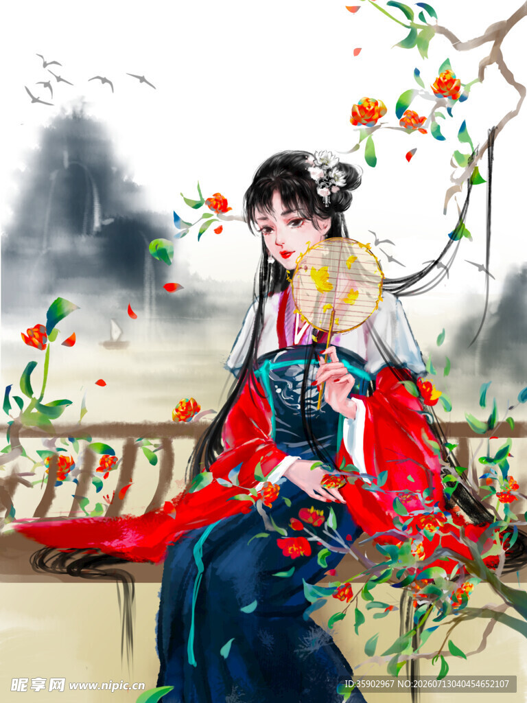 古风女子倚栏赏景图
