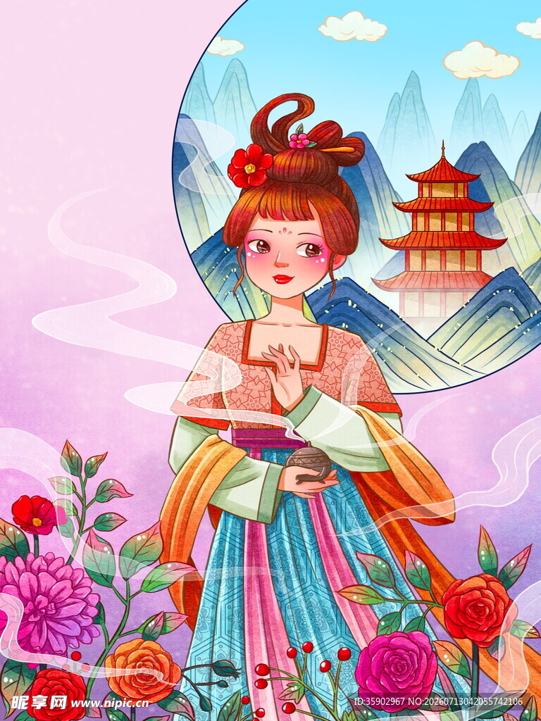古风汉服女子怀抱孩童