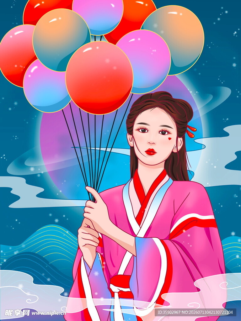 古风女子手持多彩气球
