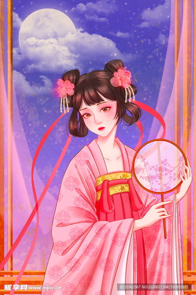 古风佳人月夜持扇图