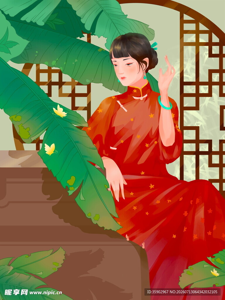 古典旗袍女子于绿植间