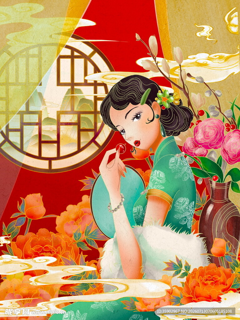 古典美人赏景图