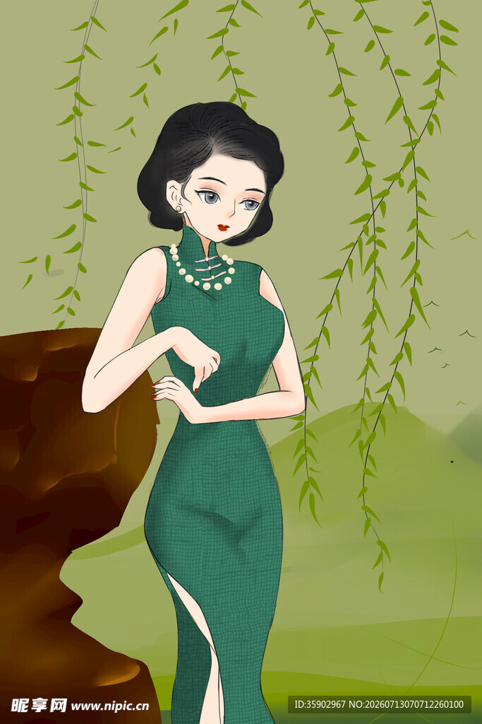 古典旗袍女子赏景