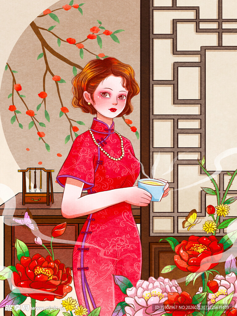 红衣女子于中式庭院品茶