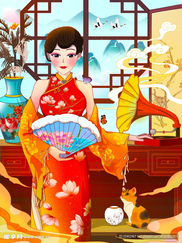 古典旗袍女子持扇赏景
