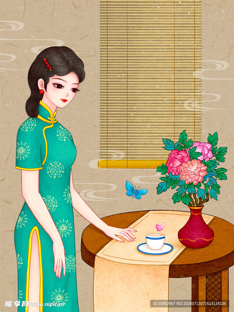 旗袍女子桌边赏景插花