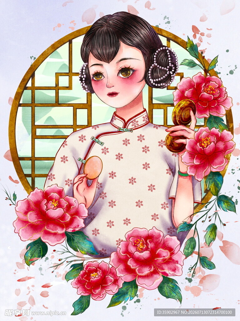 古典旗袍少女与娇艳玫瑰