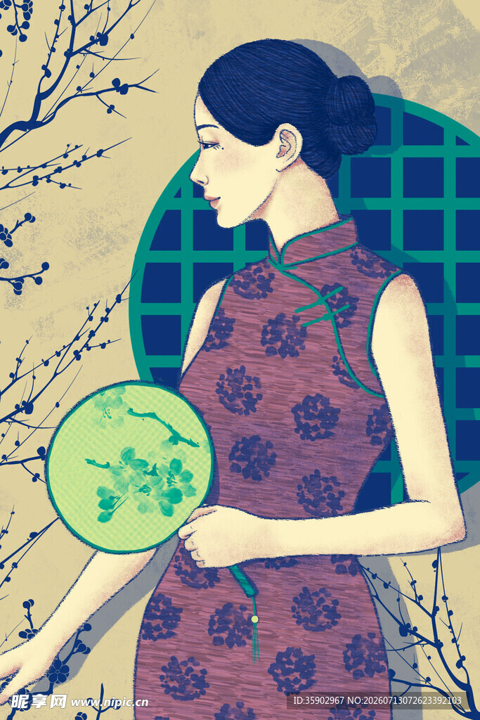 旗袍女子持扇赏景