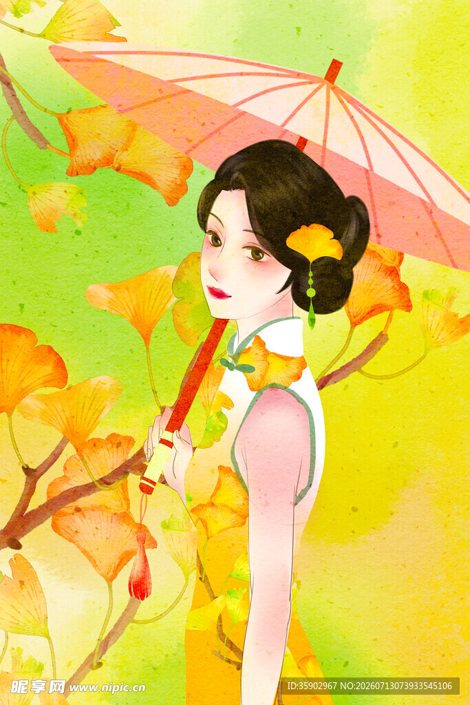 撑伞旗袍女子赏秋景