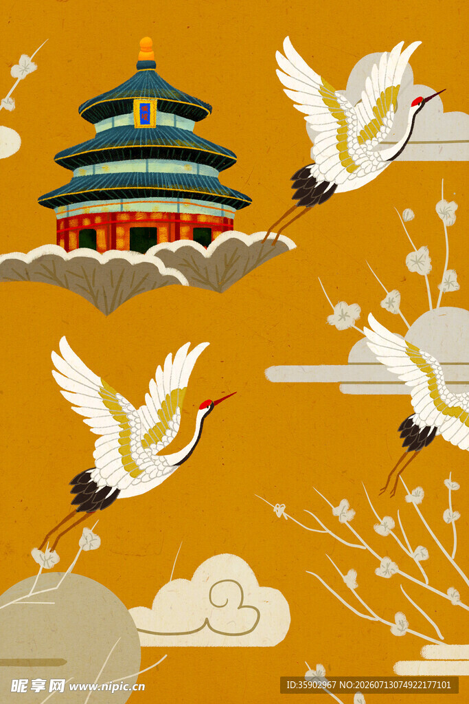 中式古风仙鹤与古建筑图景