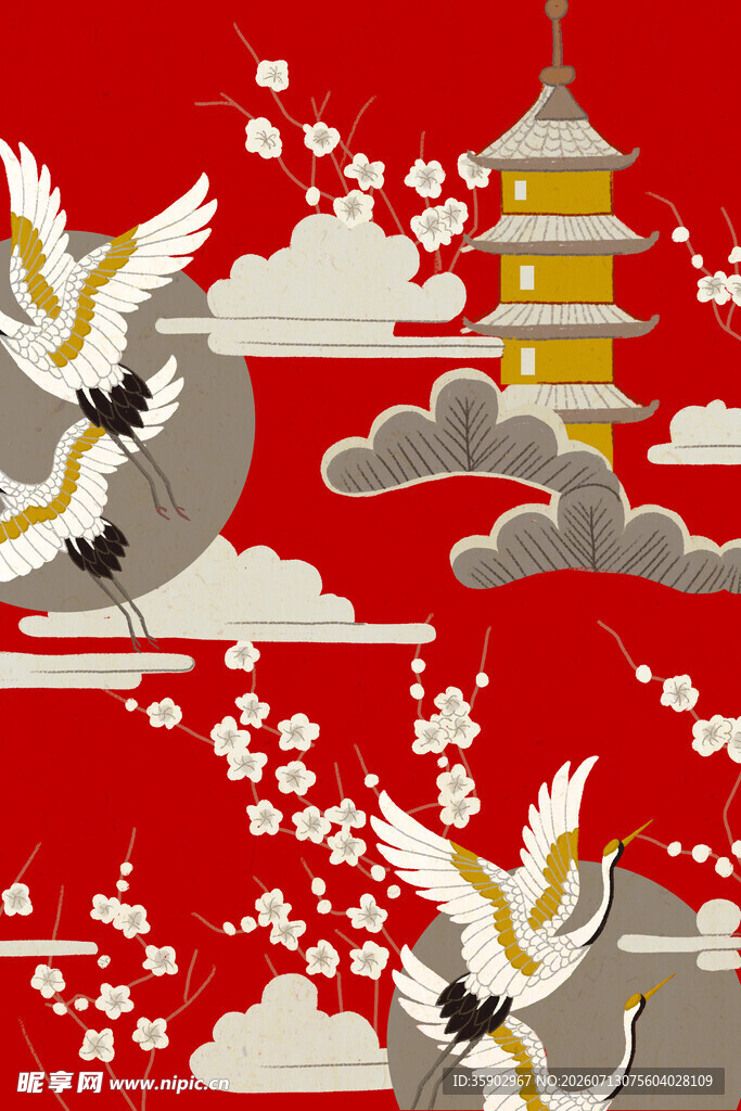 中式红底仙鹤宝塔吉祥图案