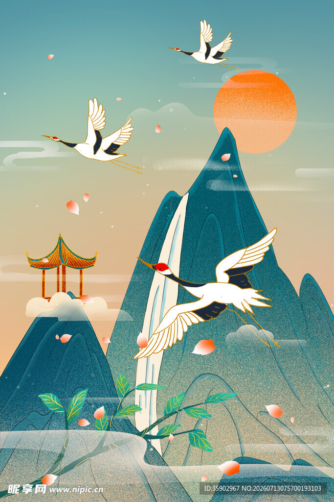 中式山水间的仙鹤与建筑