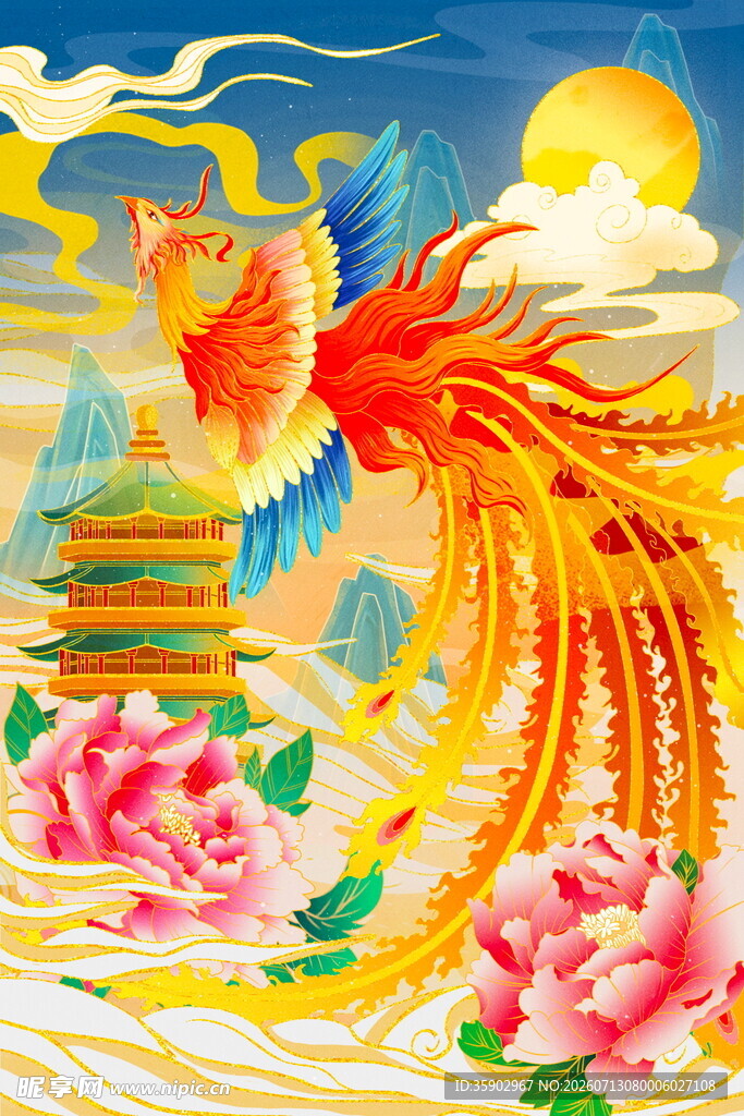 凤凰朝阳图繁花相伴