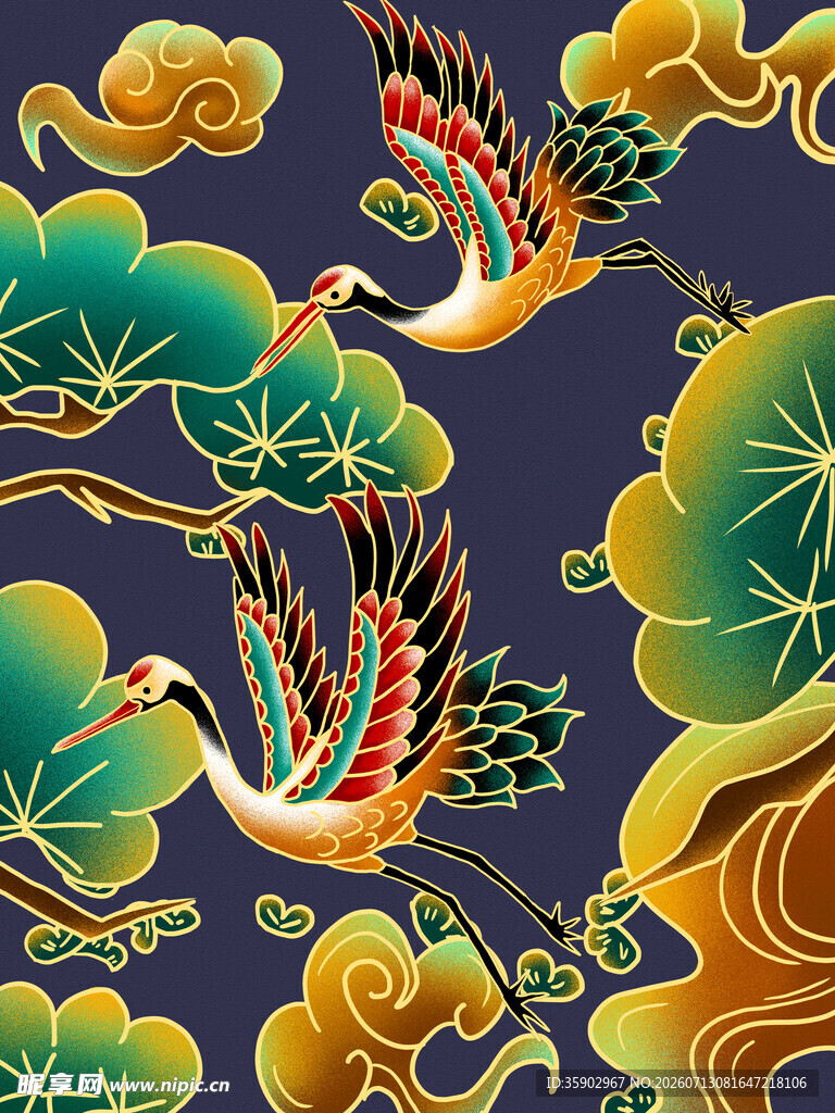 中式祥瑞仙鹤云纹图案