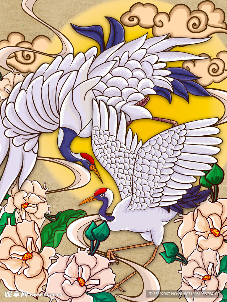 中式仙鹤花卉祥瑞图案