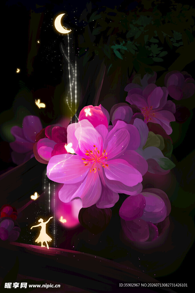 月夜下的梦幻粉色花朵