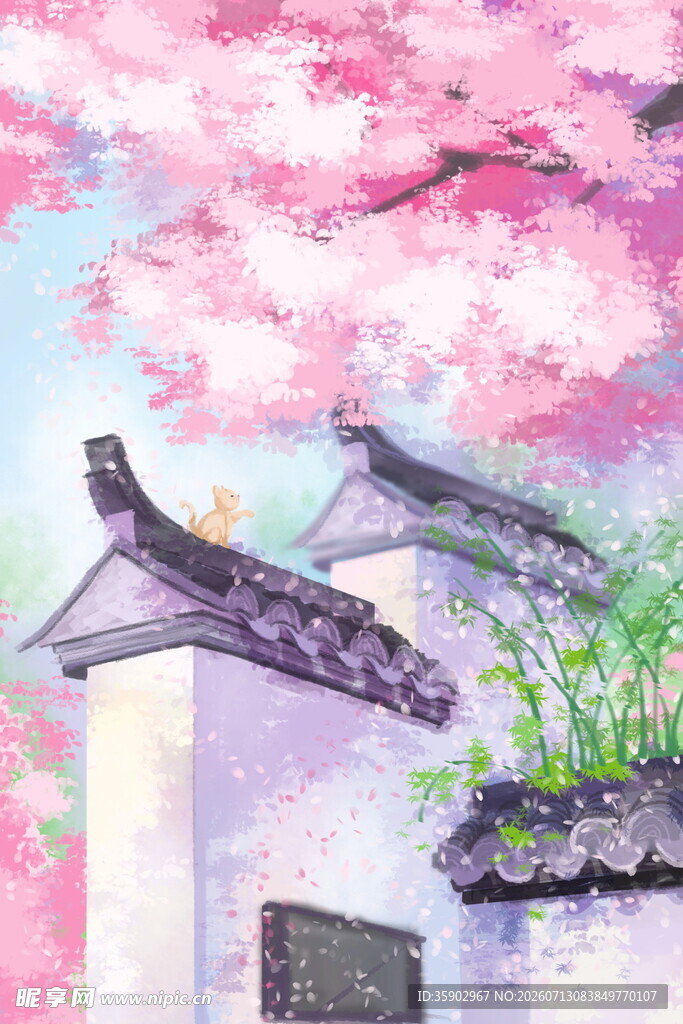 粉樱下的中式古朴建筑