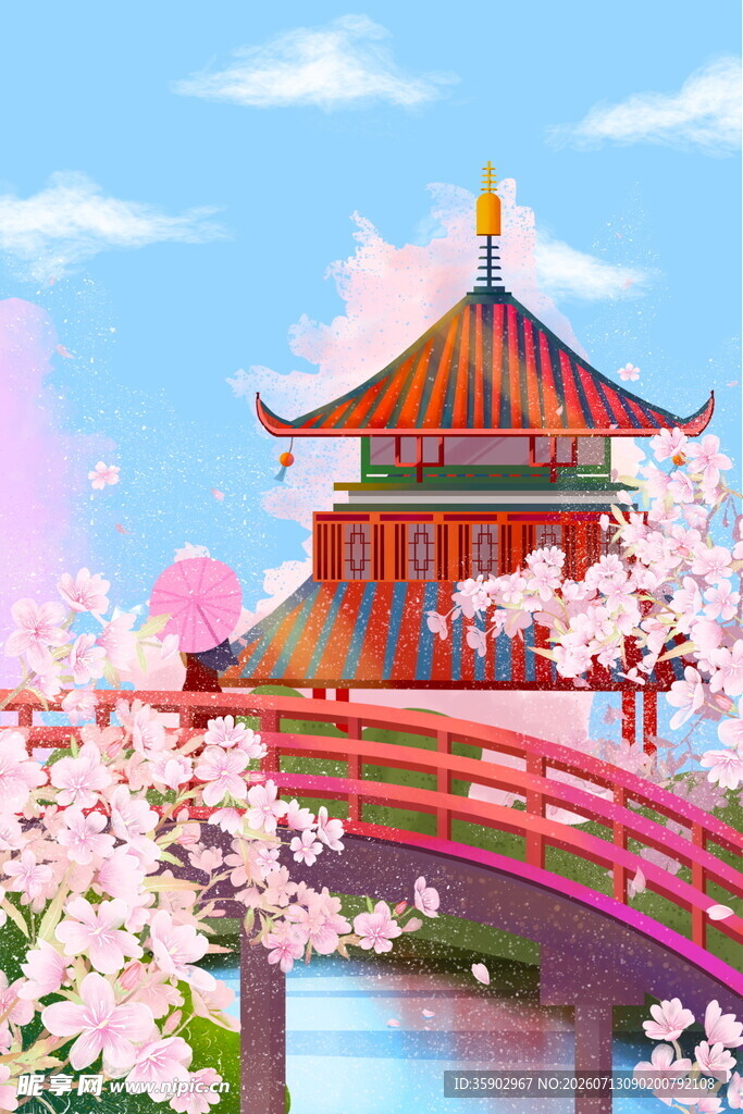 古风楼阁旁的烂漫樱花桥