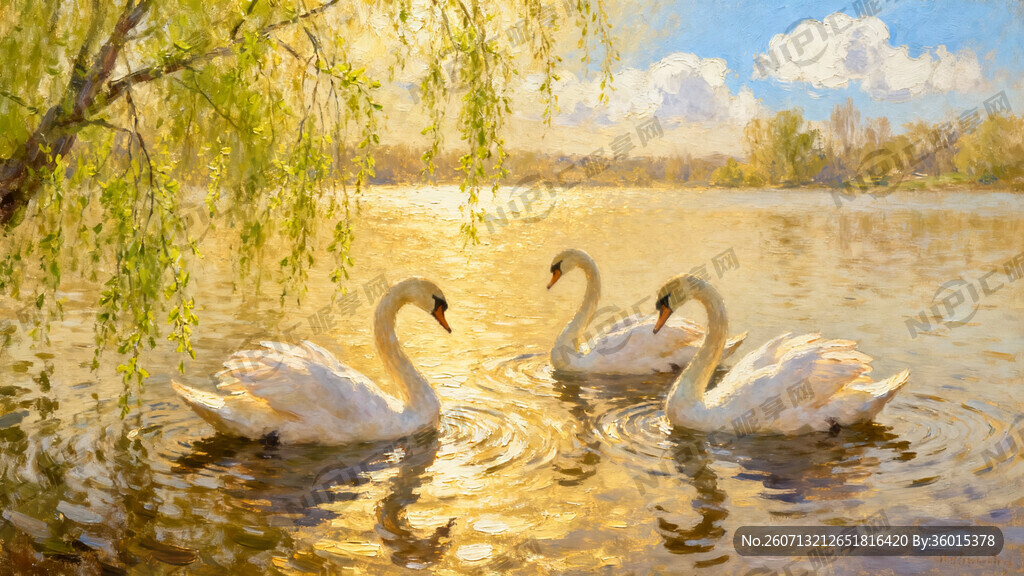 春日天鹅湖油画