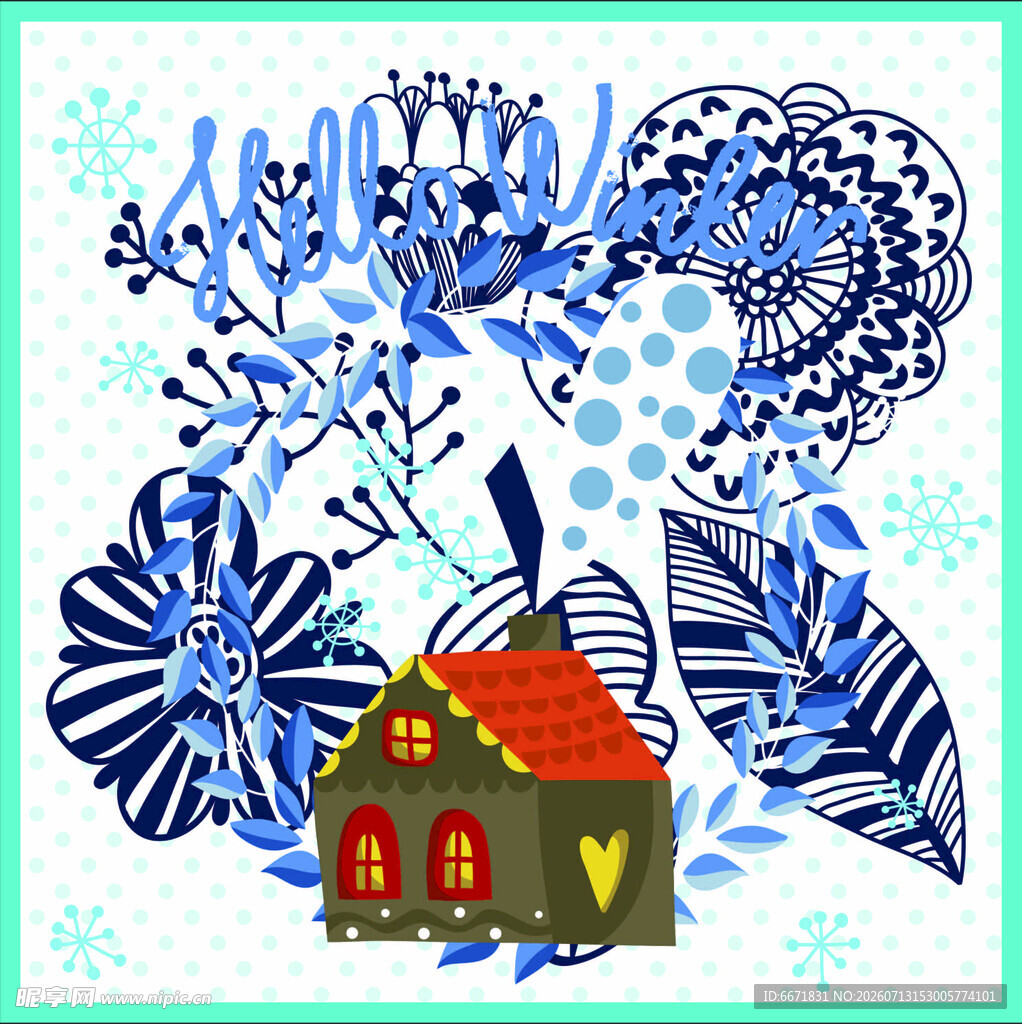 蓝白花卉中的小屋插画