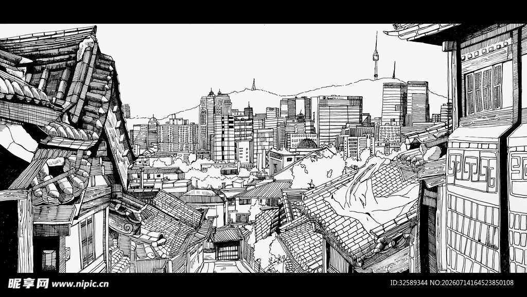 城市建筑黑白手绘景观