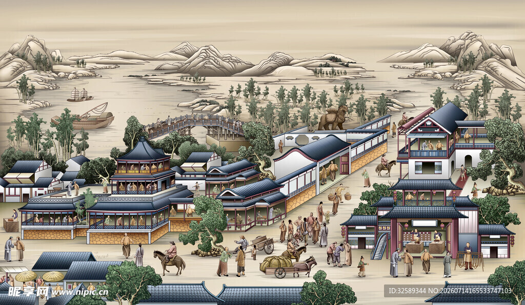 古风小镇建筑群景观