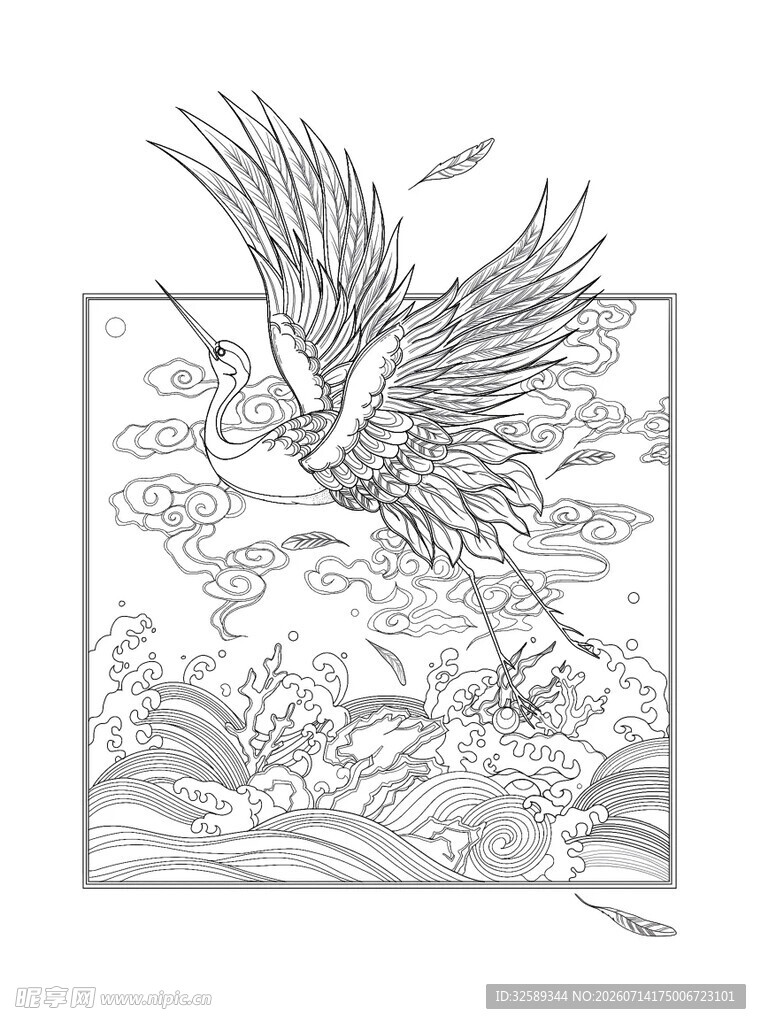 展翅仙鹤于云海间翱翔