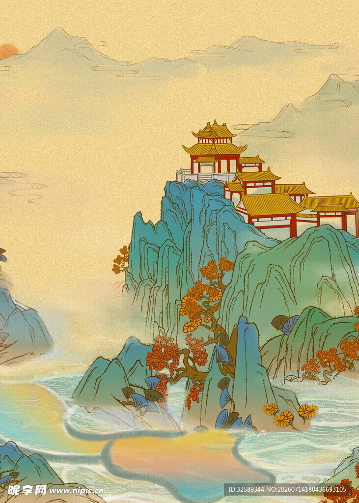 古风山水间的壮丽楼阁