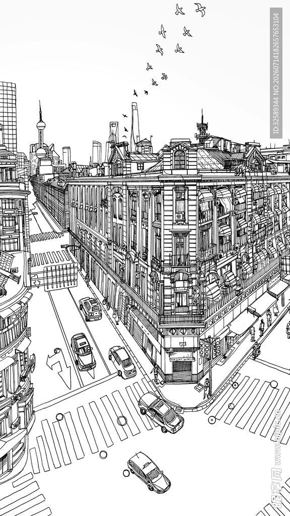 城市街道黑白线条画