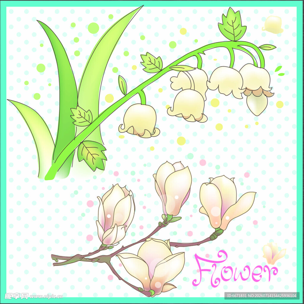 铃兰与玉兰花手绘插画