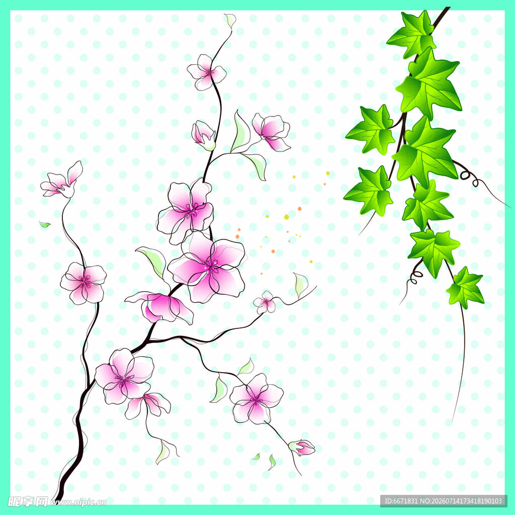 粉色花枝与绿叶装饰图