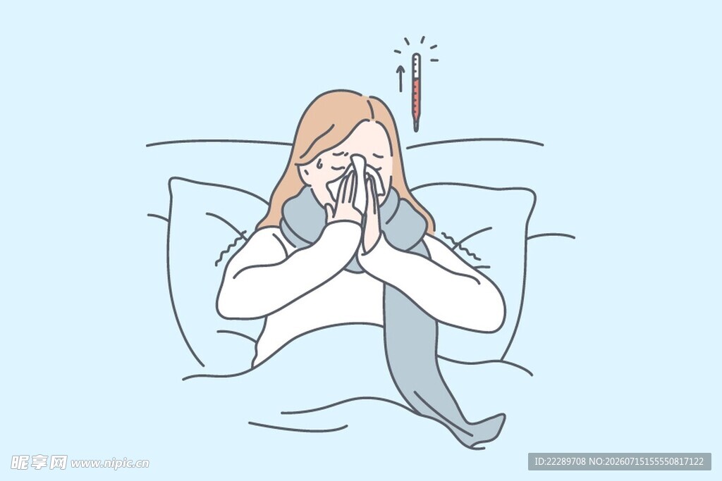 床上女子擤鼻涕显不适