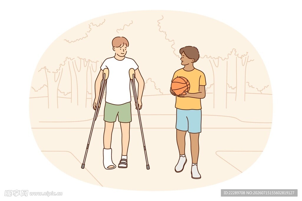 拄拐者与健康者并肩而立