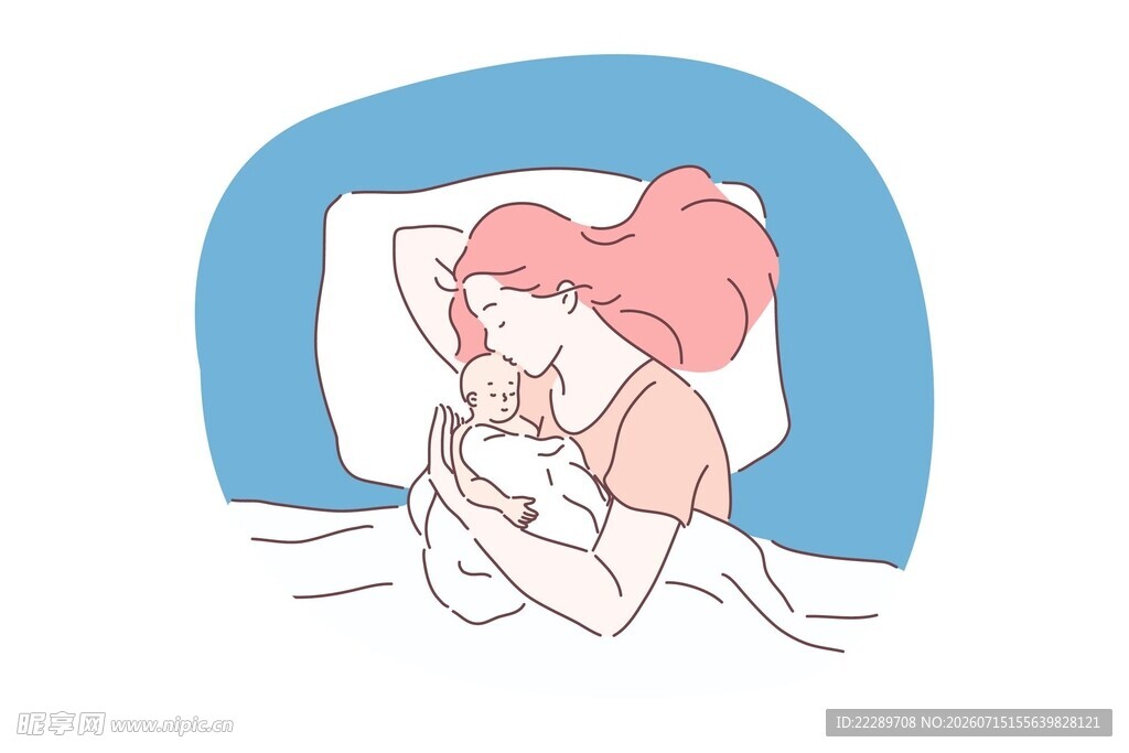 母亲床上温柔哺乳婴儿