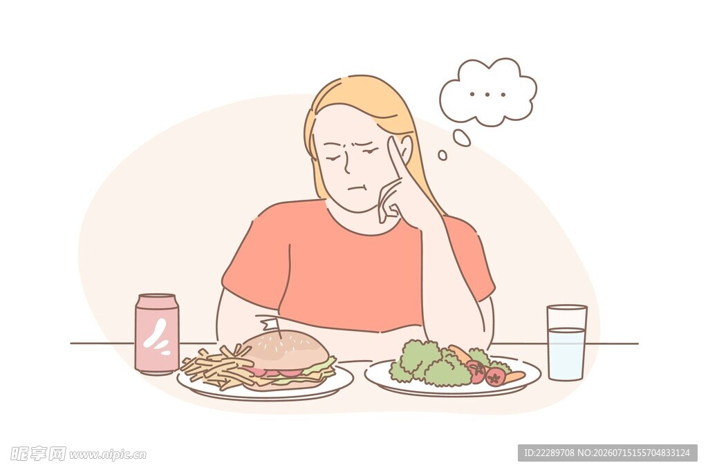 女子面对美食却陷入沉思