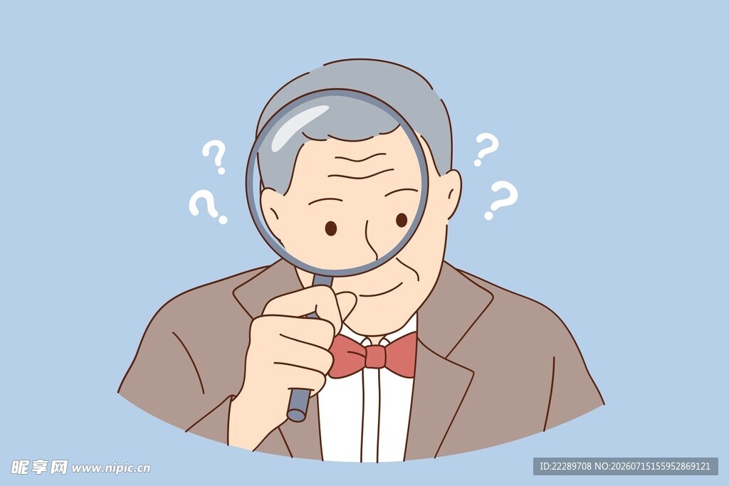 老人手持放大镜疑惑观察