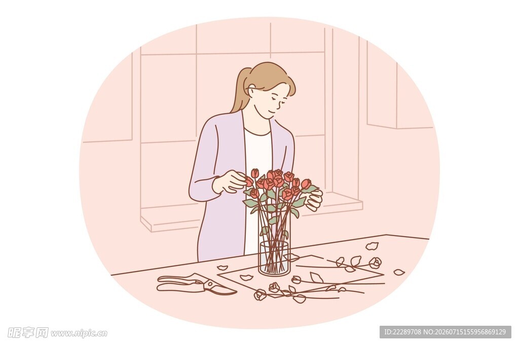 女子专注打理鲜艳花束