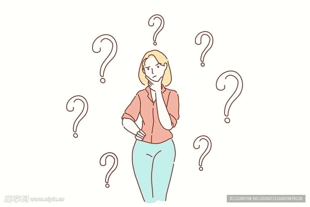 女子被问号环绕显困惑