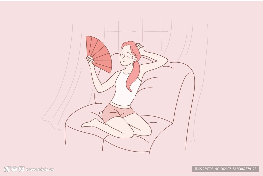 女孩惬意躺沙发手持扇子