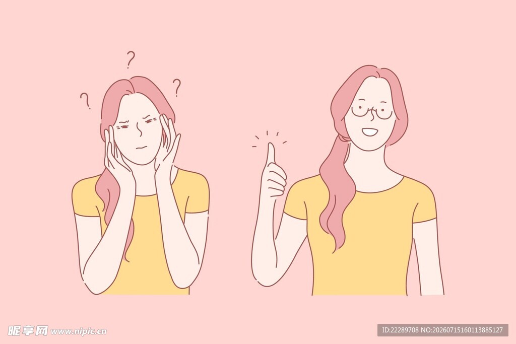 女孩不同手势表情对比