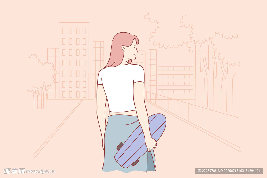 持滑板女孩的城市背影