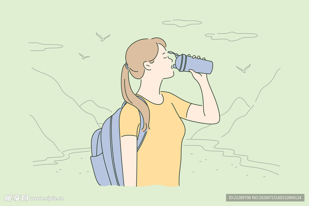女孩背着书包正在喝水