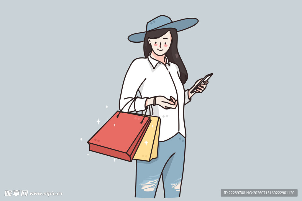 时尚女子购物后愉悦看手机